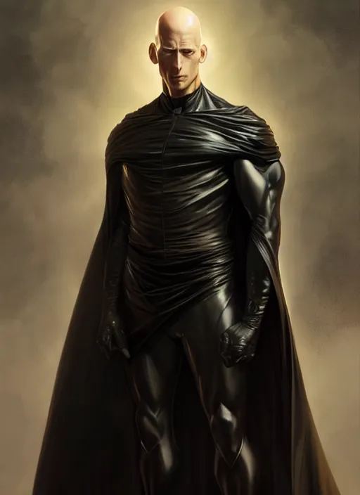 Image similar to ultra realistic illustration, handsome saitama. intricate, elegant, highly detailed, black cape, digital painting, artstation, concept art, smooth, sharp focus, illustration, art by artgerm and greg rutkowski and alphonse mucha and wlop