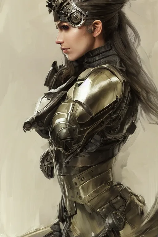 Prompt: a finely detailed portrait of an attractive young woman, clothed in military armor, olive skin, long dark hair, beautiful bone structure, symmetrical facial features, intricate, elegant, digital painting, trending on Artstation, concept art, smooth, sharp focus, illustration, from Metal Gear by Ruan Jia and Mandy Jurgens and Artgerm and William-Adolphe Bouguerea, award winning