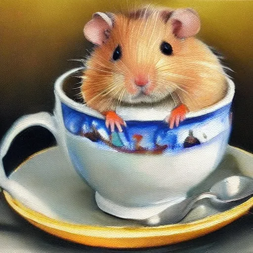 Image similar to hyper realistic oil painting of a hamster in a fancy place drinking a tea