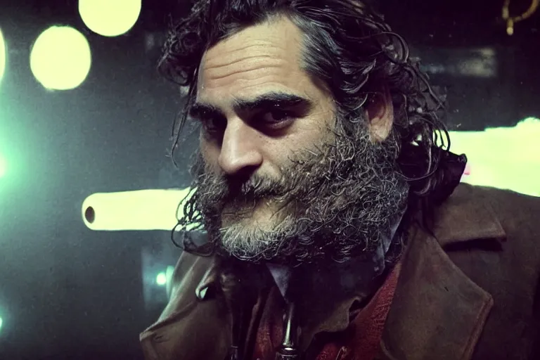 Prompt: the full - body shot of grinning drunk wrinkled unkempt detective ( ( ( joaquin phoenix ) ) ) with mutton chops beard worn in jacket and white shirt in dark steampunk fallout disco bar, cinematography of christopher doyle, frostpunk, neon gloomy light, discoball reflections, anamorphic, optical flares, kodak film, insanely detailed, 8 k