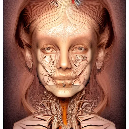 Image similar to beatifull face portrait of a woman, 150 mm, anatomical, flesh, flowers, mandelbrot fractal, facial muscles, veins, arteries, intricate, golden ratio, full frame, microscopic, elegant, highly detailed, ornate, ornament, sculpture, elegant , luxury, beautifully lit, ray trace, unreal, 3d, PBR, in the style of peter Gric , alex grey and Romero Ressendi