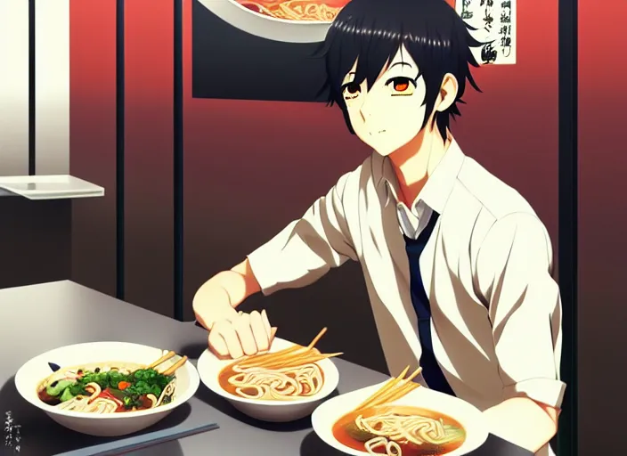 Image similar to anime visual, full body illustration a young man having lunch at a ramen stand, handsome face by ilya kuvshinov, yoshinari yoh, makoto shinkai, katsura masakazu, dynamic perspective pose, detailed facial features, kyoani, rounded eyes, crisp and sharp, cel shad, anime poster, ambient light,