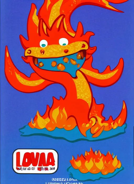 Prompt: lava - os cereal box front, cereal that tastes like lava, cartoon dragon mascot, 1 9 9 3
