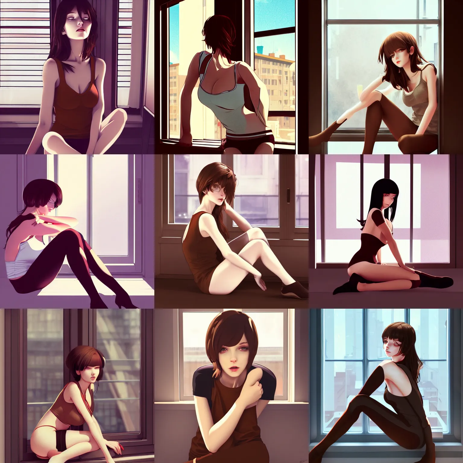 Prompt: sexy woman with brown hair, sitting on the floor leaning against the window, wearing kneesocks, wearing tanktop, light brown hair, in the style of ilya kuvshinov, high quality digital art