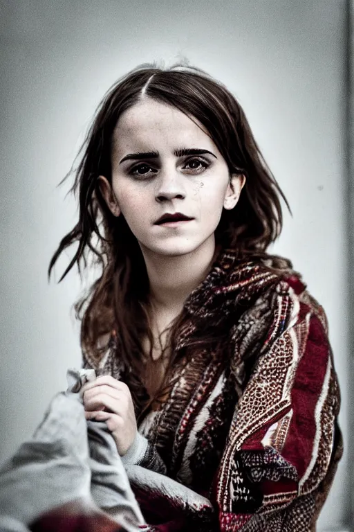 Image similar to Photo of Native Russian woman Emma Watson, portrait, skilled homeless, realistic, detailed, Emma Watson, photorealism, Sony A7R