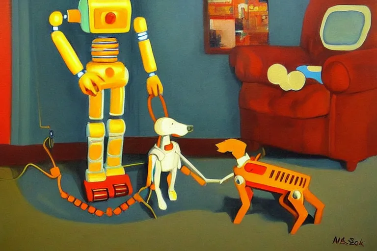 Image similar to a detailed painting of a ( ( ( ( ( boy and his robot dog ) ) ) ) ) by maurice sednak!!!!!!!!!!!!!!