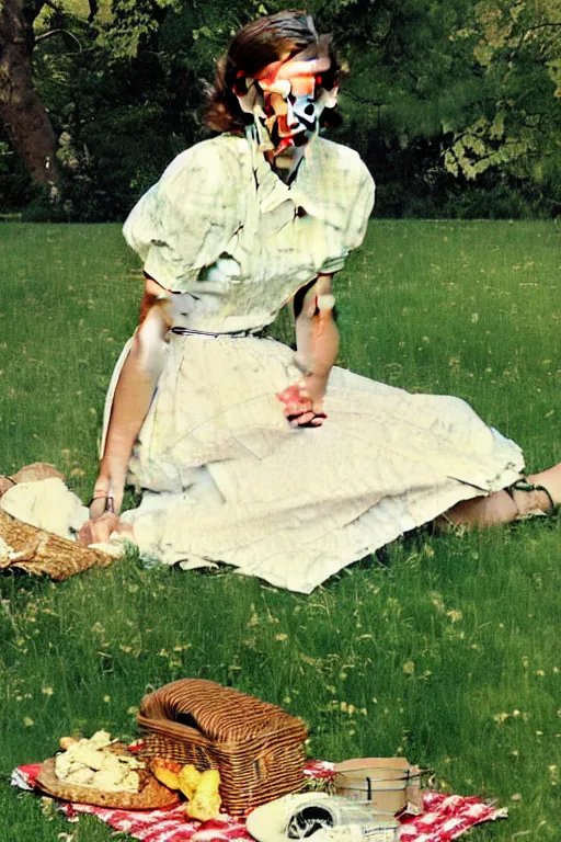 Image similar to photo photorealistic portrait photograph Emma Watson picnic in the green lawn 1950s portrait by Norman Rockwell