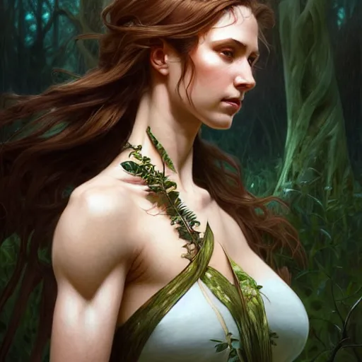 Image similar to alexandra daddarioportrait of forest gog, female, clear face, masculine, upper body, muscular, fantasy, intricate, elegant, highly detailed, digital painting, artstation, concept art, matte, sharp focus, illustration, art by artgerm and greg rutkowski and alphonse mucha