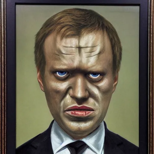 Prompt: Portrait by H.R.Giger of Alexei Navalny degraded abomination, photo-realistic, 2K, highly detailed