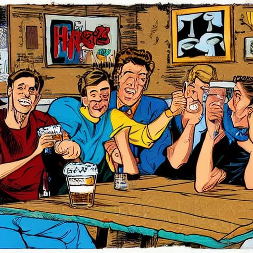 Image similar to a group of friends drinking beer, comic art, highly detailed, colorful