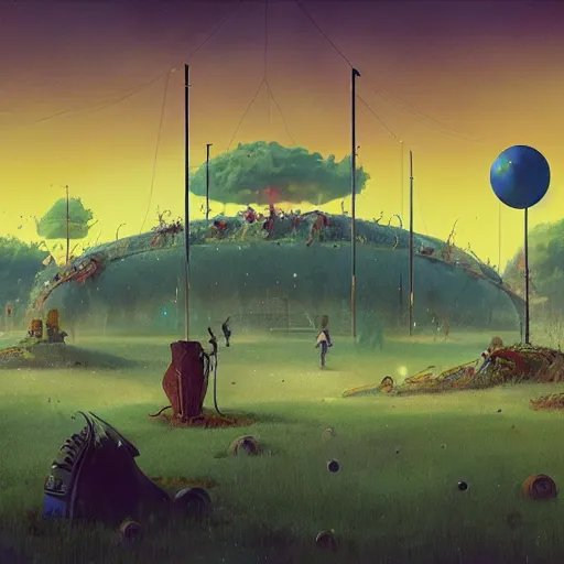 Prompt: A weird circus, by Simon Stålenhag, Makoto Shinkai and Bruce Pennington