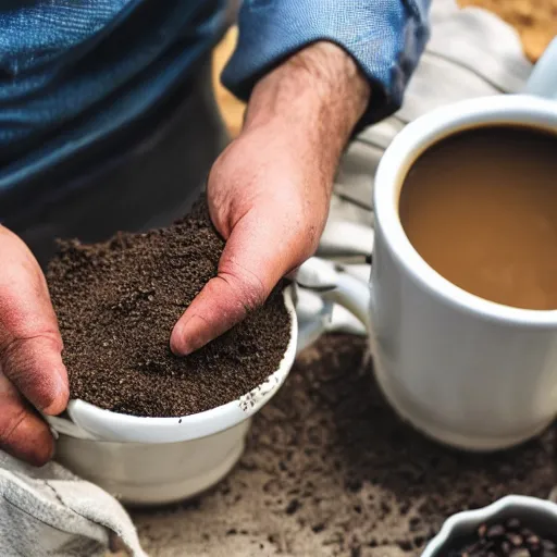 Prompt: a man mixing soil from the farm ground into a coffee mug, close up photo