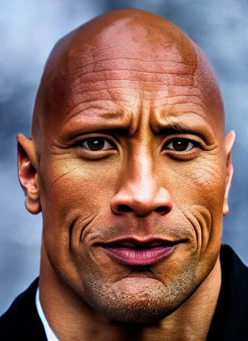 Image similar to a close up photograph of Dwayne Johnson with enormous eyes, a tiny mouth, and an incredibly wide nose