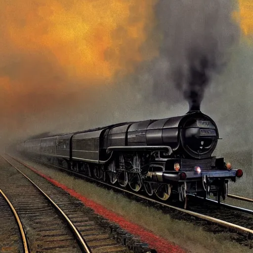 Image similar to a hyperdetailed photograph of the flying scotsman on the rails producing lots of black smoke in an old timey city, night, dense fog, rain, hd, 8 k resolution by greg rutowski, stanley artgerm, alphonse mucha