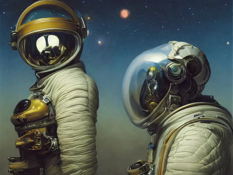 Image similar to a detailed profile oil painting of an explorer in a spacesuit with reflective helmet, flight suit, portrait symmetrical and science fiction theme with aurora lighting by beksinski carl spitzweg and tuomas korpi. baroque elements, full-length view. baroque element. intricate artwork by caravaggio. Trending on artstation. 8k