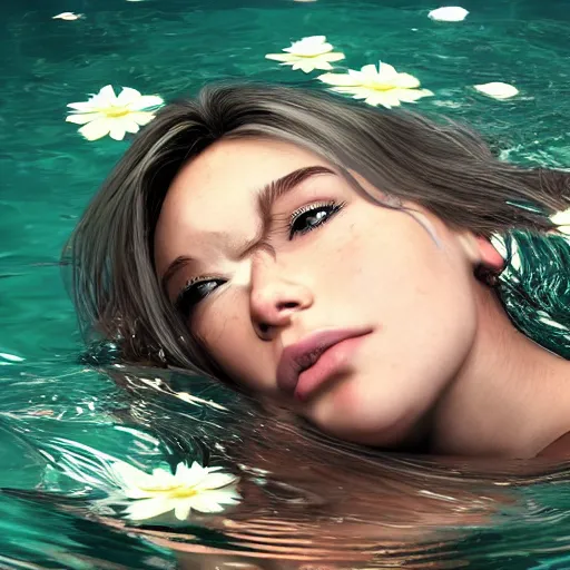 Image similar to epic portrait of a girls face laying in water, surrounded by loose petals, beautiful, high detail, unreal engine, realistic