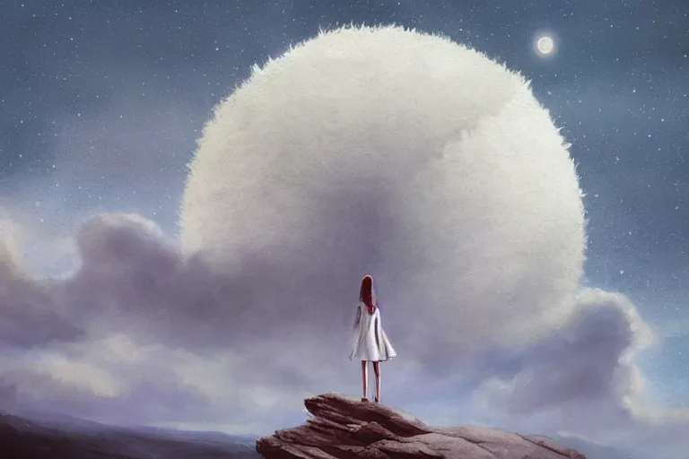 Image similar to giant white daisy flower head, girl walking on cliff, surreal photography, solar eclipse, milky way, dramatic light, impressionist painting, clouds, digital painting, artstation, simon stalenhag