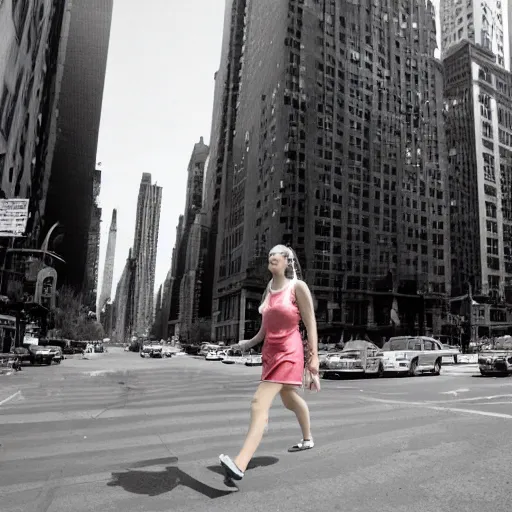 Prompt: A young woman walking down a NYC street on LSD