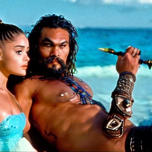 Image similar to A still of Jason Momoa and Ariana Grande in Waterworld (1995)