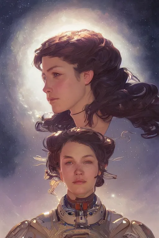 Image similar to portrait of a space explorer, D&D, fantasy, intricate, highly detailed, digital painting, artstation, concept art, smooth, sharp focus, illustration, art by artgerm and greg rutkowski and alphonse mucha
