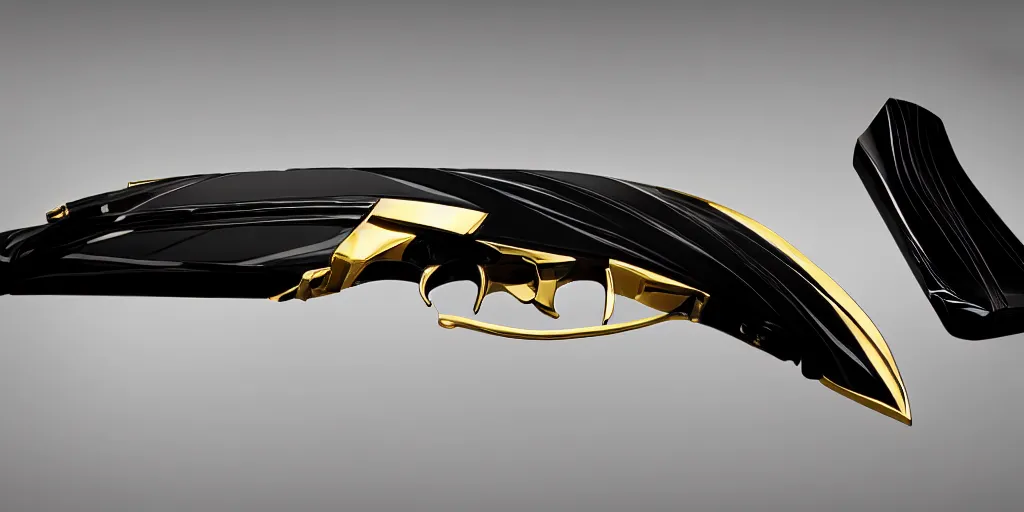 Prompt: sleek interstellar weapons in gleaming obsidian black and scintillating 24K gold designed by HP