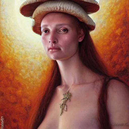 Prompt: portrait of a mushroom priestess, by gerald brom, donato giancola, and berthold woltze.