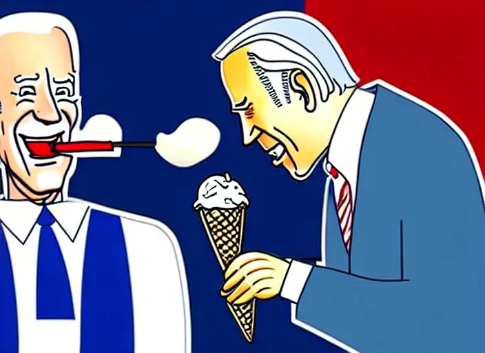 Image similar to joe biden eating ice cream scoop on a ice cream cone, political cartoon, high detail