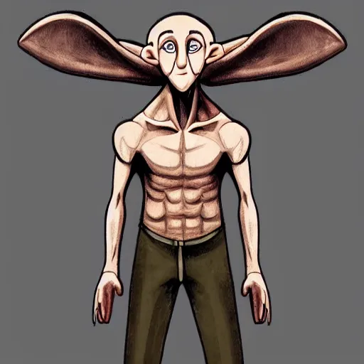 Image similar to harry potter illustration of extremely muscular Dobby flexing, hd 4k