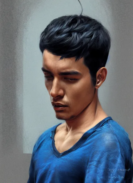 Image similar to young peruvian man with short black hair, male, dressed in blue, looking down, half body shot, arms down, path traced, highly detailed, high quality, digital painting, bastien lecouffe - deharme