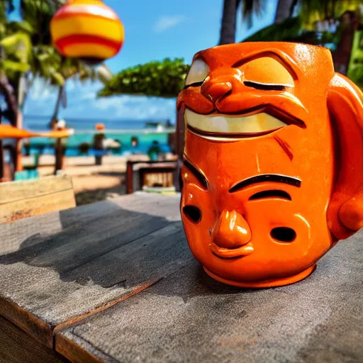 Image similar to a closeup photorealistic photograph of a glossy orange cat garfield style tiki mug sitting at a trader vic's beach bar featuring garfield's face. tiki theme. bright scene. fine detail. this 4 k hd image is trending on artstation, featured on behance, well - rendered, extra crisp, features intricate detail, epic composition and the style of unreal engine.