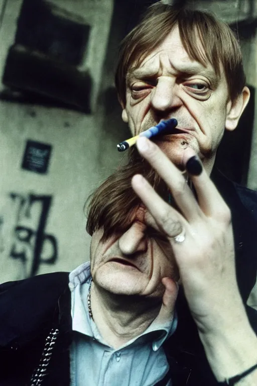 Image similar to highly detailed full colour photo of Mark E Smith, smoking a cigarette