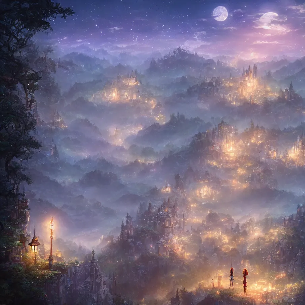 Prompt: kingdom of elves, outside of time and space, dreamy, romantic, night lighting, gorgeous lighting, dramatic cinematic lighting, intricate, highly detailed, studio ghibli, 8 k