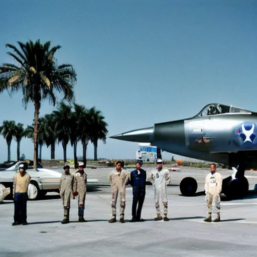 Image similar to 1986 US airforce base, chrome F4 Phantom, US pilots standing around, palm trees