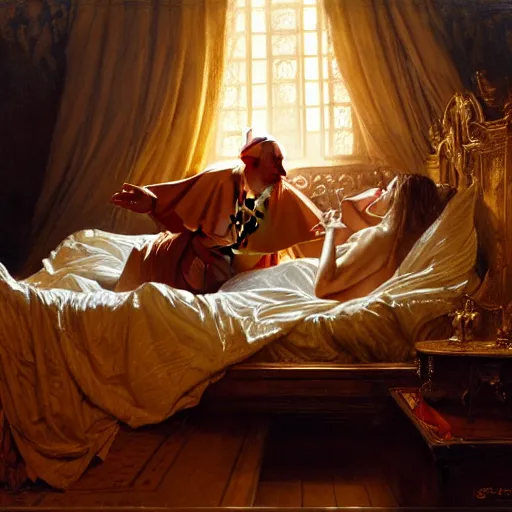 Image similar to the pope is in his bed, nervous and terrified, because a double horned shadow demon from hell lingers across the bed. highly detailed painting by gaston bussiere, j. c. leyendecker, greg rutkowski, craig mullins 8 k