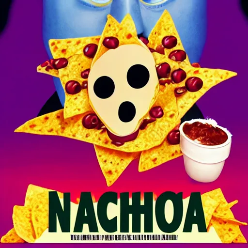 Prompt: movie poster of laughing man eating nachos