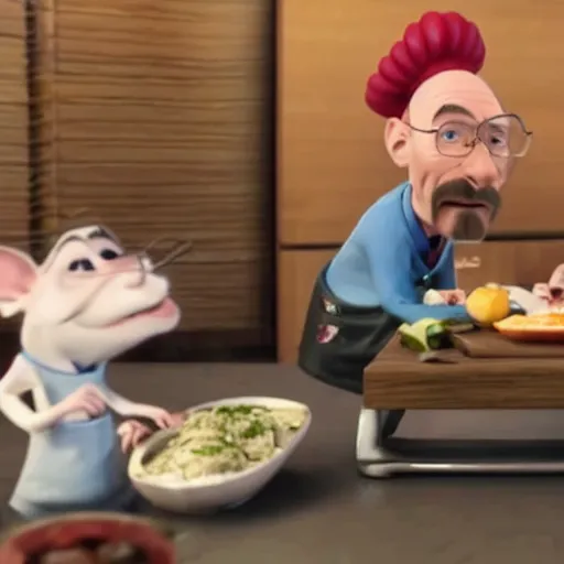 Prompt: walter white in ratatouille cooking with rat friend