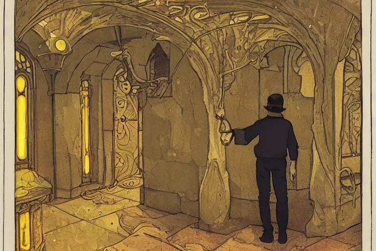 Prompt: a man holds a torch and explores a Dungeon, luminous, Art Nouveau