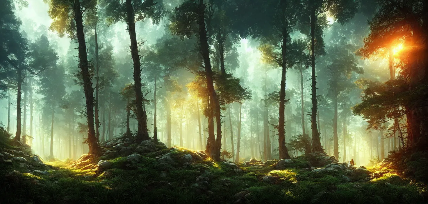 Image similar to random forest landscape, incredible, vector art, octane render, fabulous, hyper detailed, random cinematic view, no noise, global illumination, warm lighting, volumetric, godrays, vivid, beautiful, by jordan grimmer