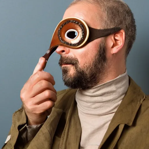 Image similar to a man wearing an eyepatch sitting