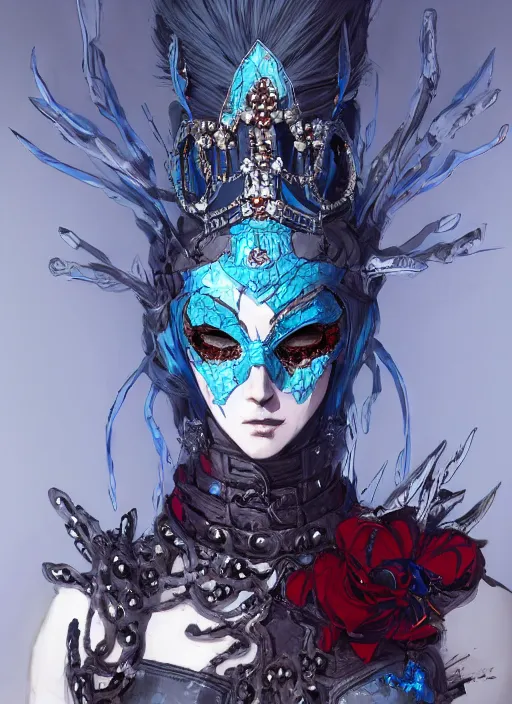 Prompt: beautiful queen in an elaborate cracked mask and ornate pale blue dress, gray hair, red eyes. in style of yoji shinkawa and hyung - tae kim, trending on artstation, dark fantasy, great composition, concept art, highly detailed, dynamic pose, vibrant colours.