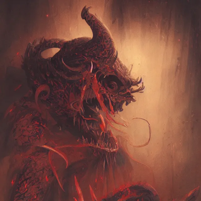 Prompt: a painting of a japanese demon by johfra bosschart and greg rutkowski, dark fantasy art, high detail, trending on artstation