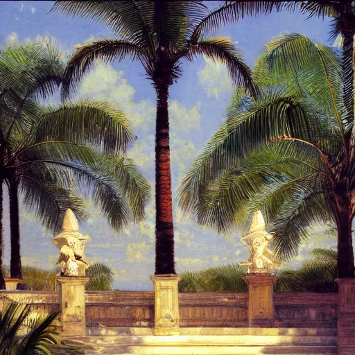 Image similar to a ultradetailed beautiful painting of the amazonas palace balustrade designed by jules bastien - lepage, hans belmer, frank weston and gustave baumann, beach, trending on artstation, mediterranean, palm trees, refracted color sparkles, sharp focus, soft light, 8 k 4 k