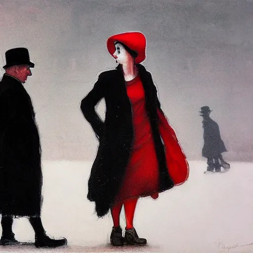 Image similar to a highly detailed epic cinematic concept art, a thin man in a black coat and bowler hat talks with girl who is dressed in a red coat and a red hat, Berlin park, autumn, 1923, in the style of in the style of Francis Bacon and Syd Mead and Norman Rockwell and Beksinski, painted by Francis Bacon and Edward Hopper, painted by James Gilleard, surrealism, airbrush, Ilya Kuvshinov, WLOP, Stanley Artgerm, very coherent, triadic color scheme, art by Takato Yamamoto and James Jean, high detail, width 768