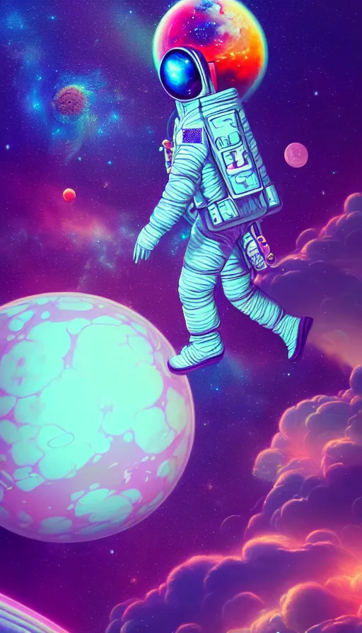 Image similar to a beautiful psychodelic astronaut, universe in the background, planets, sky, dream, highly detailed, digital painting, refreshing, trending on artstation, octane render, hyper - realistic, illustration by james jean