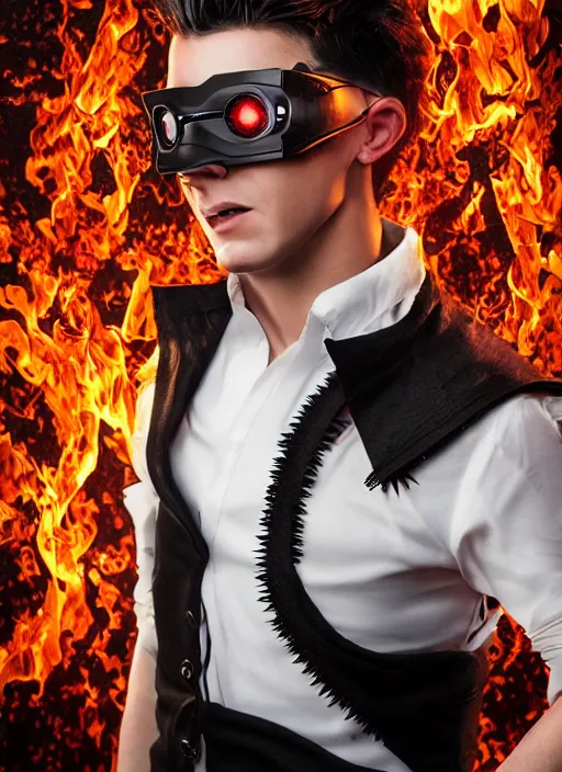 Image similar to An epic fantasy comic book style portrait painting of young man with long red spiked hair. Wearing a black waistcoat, white shirt, using googles. Blasting fire on his hands. Unreal 5, DAZ, hyperrealistic, octane render, cosplay, RPG portrait, dynamic lighting