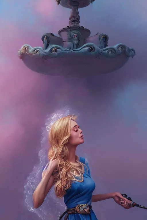 Prompt: an insanely detailed close up portrait of a beautiful blonde haired woman, blue dress, holding nikon camera, background is a fountain in the park, in the style of peter mohrbacher, artgerm, dramatic lighting and composition, pink fog background, octane render, trending on artstation, concept art 8 k