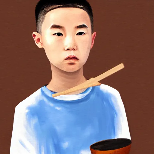 Prompt: dramatic portrait of chinese boy buzz cut, holding a spatula, digital painting