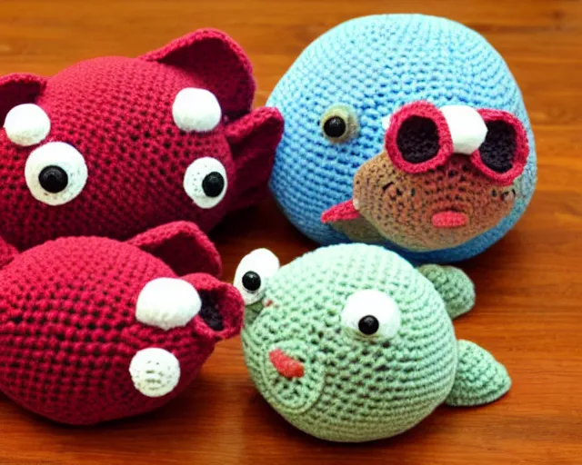 Image similar to crocheted blobfish, deep sea fish made of yarn, overstuffed with cotton stuffing, squishy, soft, plush, comfy, comfortable, comforting, soothing, sweet, tender, gentle, kind