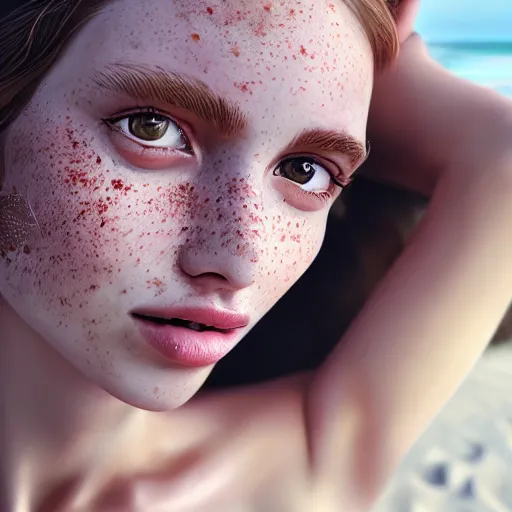 Image similar to portrait of a cute thin young woman, red blush, cute freckles, small smile, modern clothes, relaxing on the beach, serene beach setting, close up shot, 8 k, art by irakli nadar, hyperrealism, hyperdetailed, ultra realistic