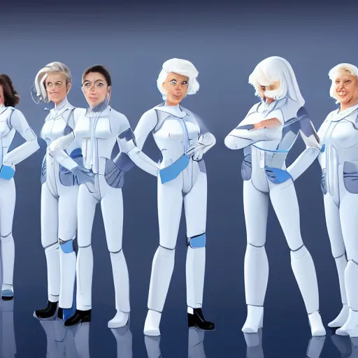 Image similar to line of six women of varying heights and body shapes, white hair, tight light blue neopren space uniforms, futuristic chemistry lab, sci - fi, highly detailed, cinematic